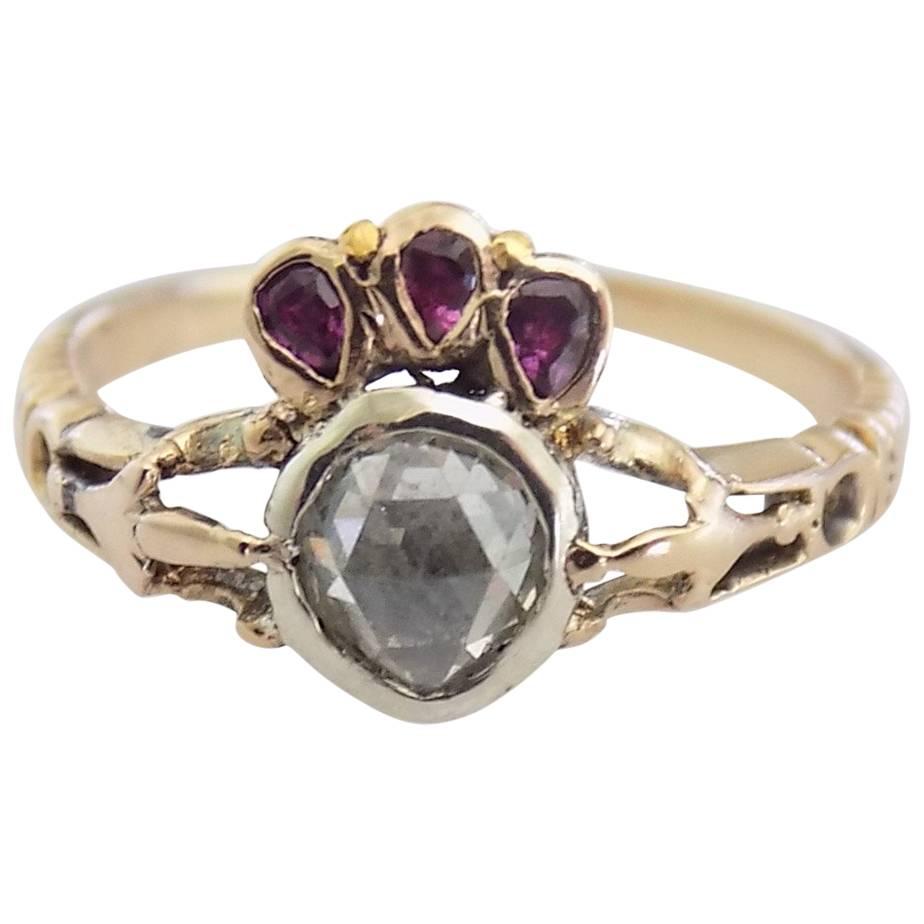 1780s Georgian Ruby Diamond Gold Crowned Heart Ring