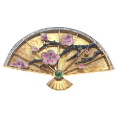 18K Gold Diamond & Tsavorite Chinese Fan Enameled Brooch Pendant