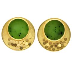 Zobel Jade and Gold Round Clip-On Earrings 1