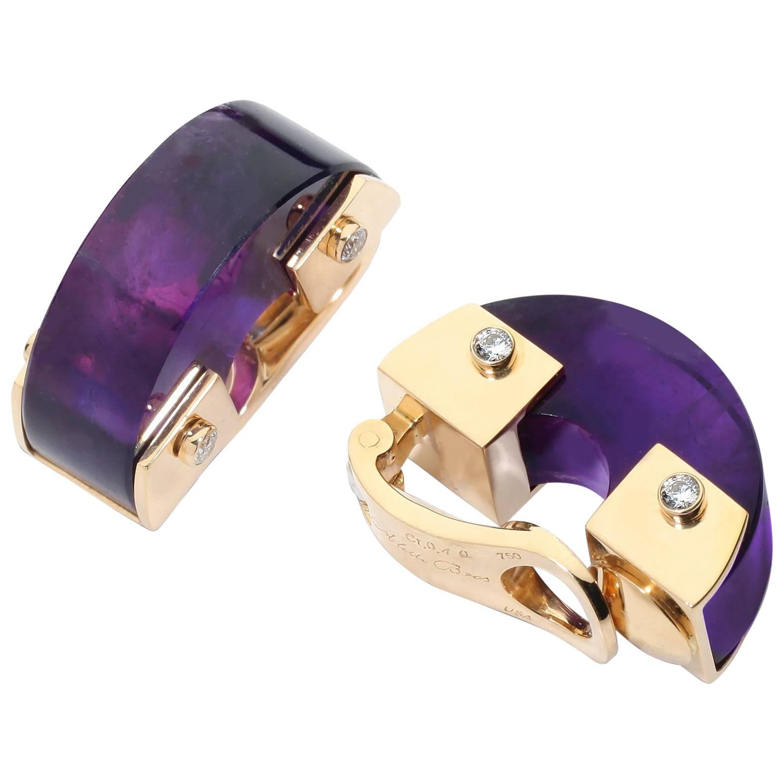 Aletto Brothers African Rock Amethyst Diamonds Yellow Gold Earrings For Sale