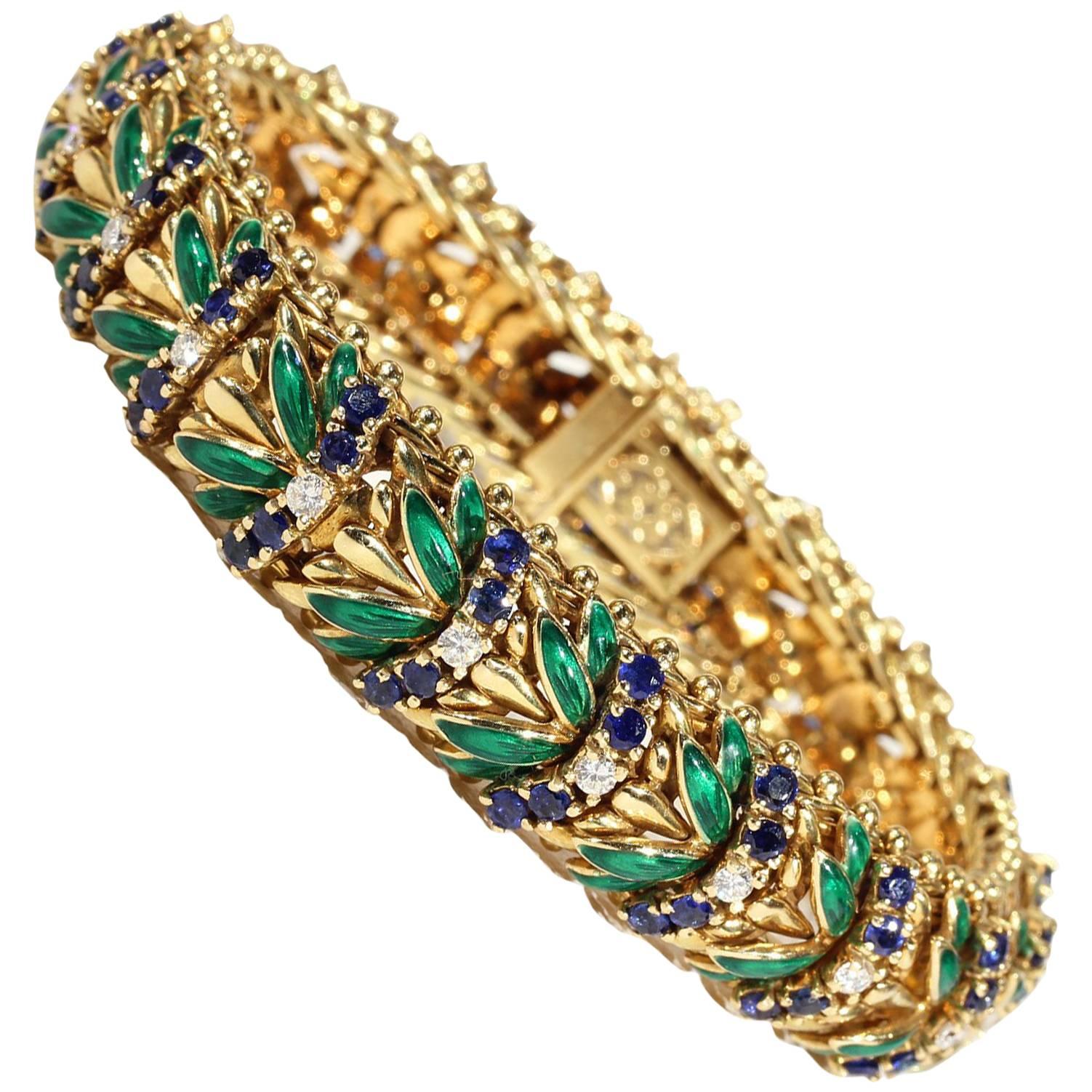 Enamel Sapphire Diamond Gold Bracelet