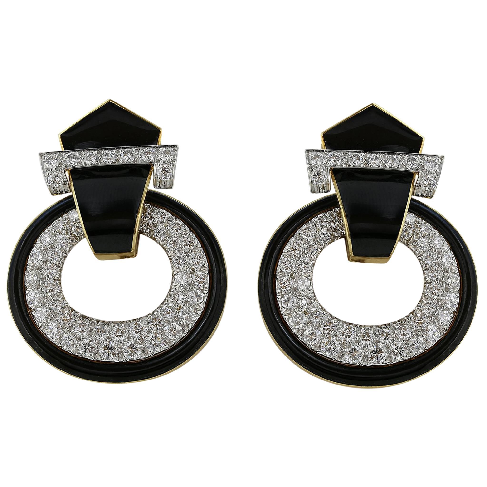 David Webb Black Enamel Diamond Gold Earrings For Sale