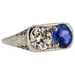 Art Deco Blue Sapphire Diamond Platinum Ring 11