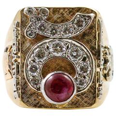 Retro Diamond Ruby Gold and Masonic Shriner's Past Potentate Ring