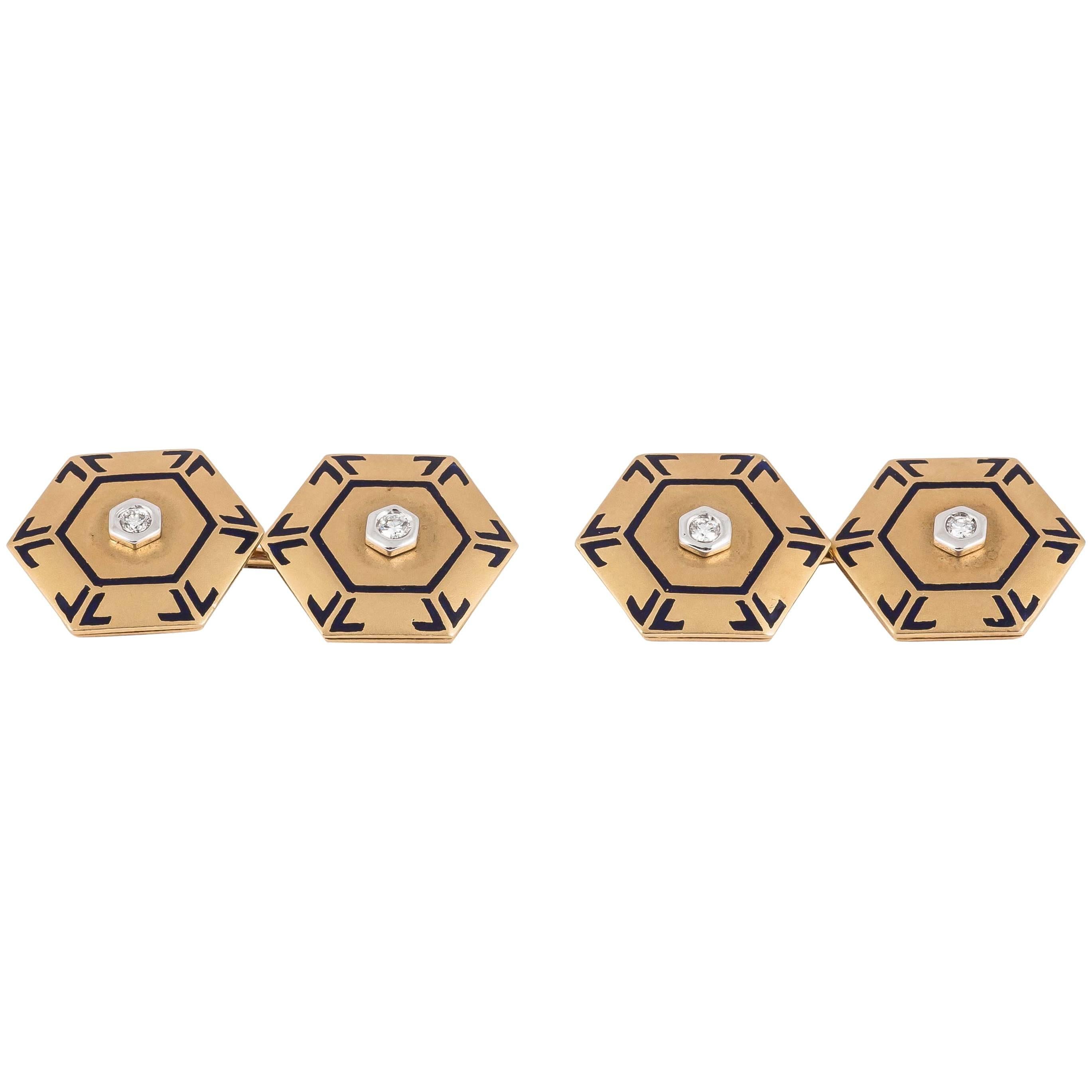 Geometric blue enamel gold diamond cufflinks