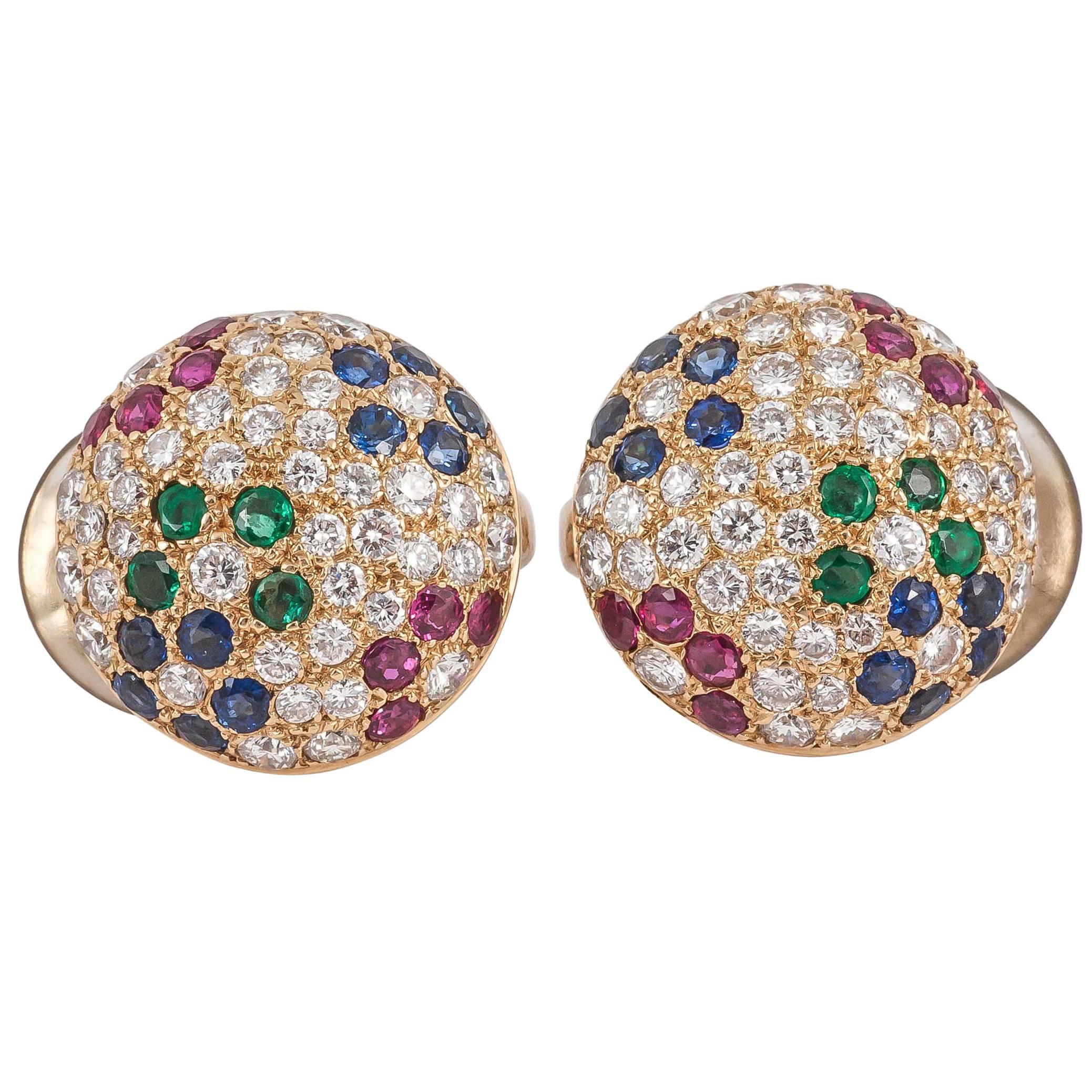 French Pave Ruby Sapphire Emerald Diamond Gold Button Earrings For Sale