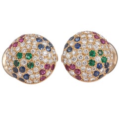 French Pave Ruby Sapphire Emerald Diamond Gold Button Earrings