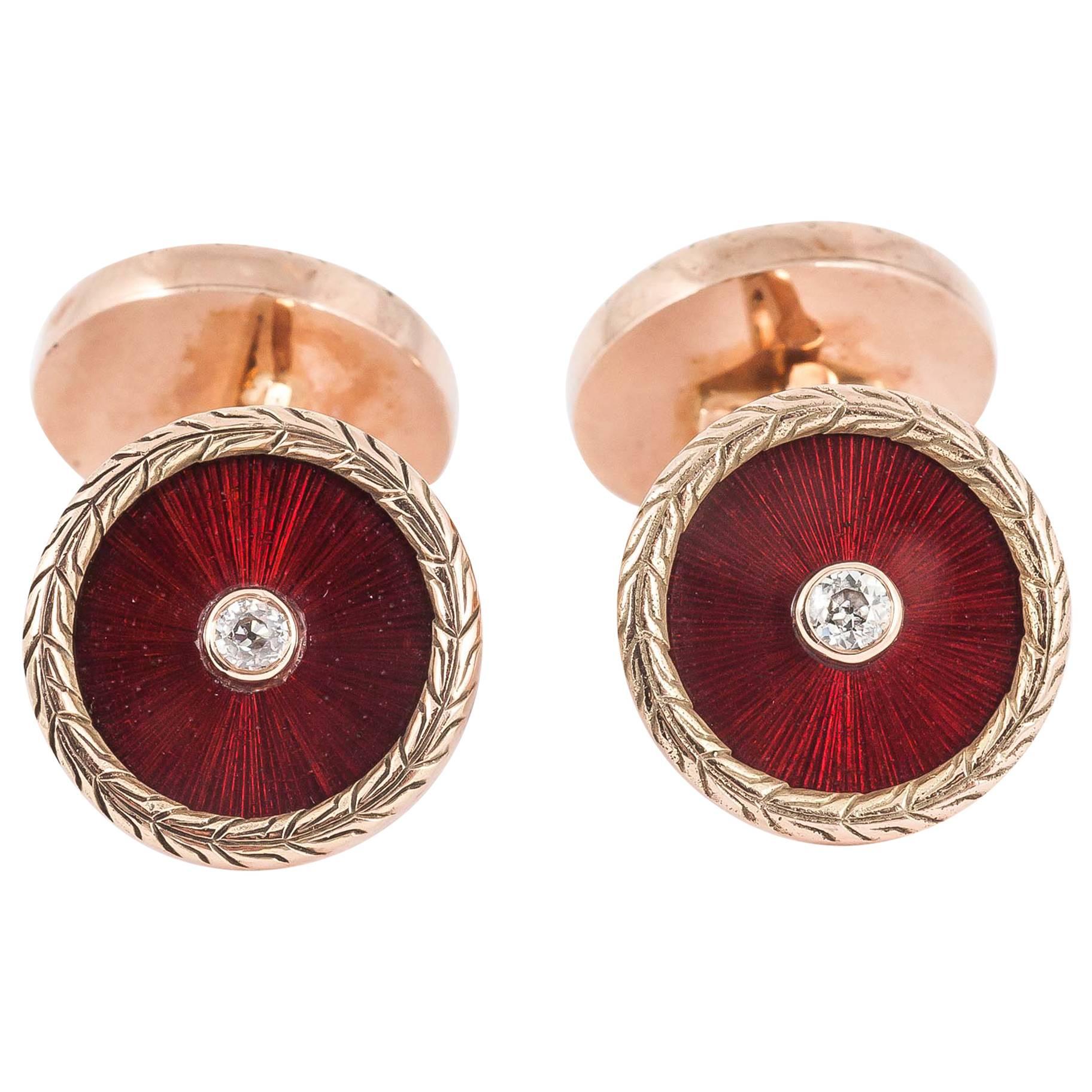 Russian red enamel diamond gold cufflinks 