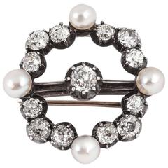 Antique Victorian English natural pearl diamond circle pendant brooch