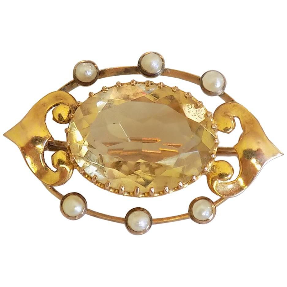 1900s Art Nouveau Citrine Pearl Gold Brooch