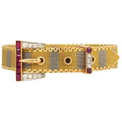 Edwardian Ruby Diamond Two Color Gold Belt Strap Bracelet 7