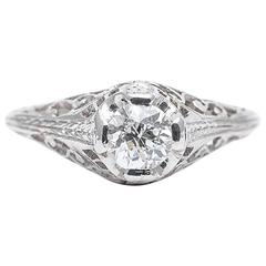 Art Deco 0.60 Carat Diamond Platinum Filigree Solitaire Engagement Ring 