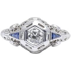 Antique Floral Art Deco Sapphire Diamond Gold Filigree Engagement Ring