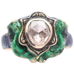 Antique Enamel and Rose Cut Diamond Dragon Ring
