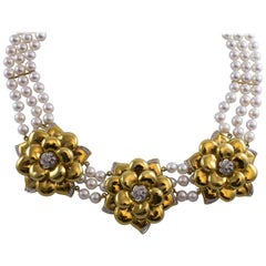 Wempe Diamond and Pearl Gold Flower Necklace