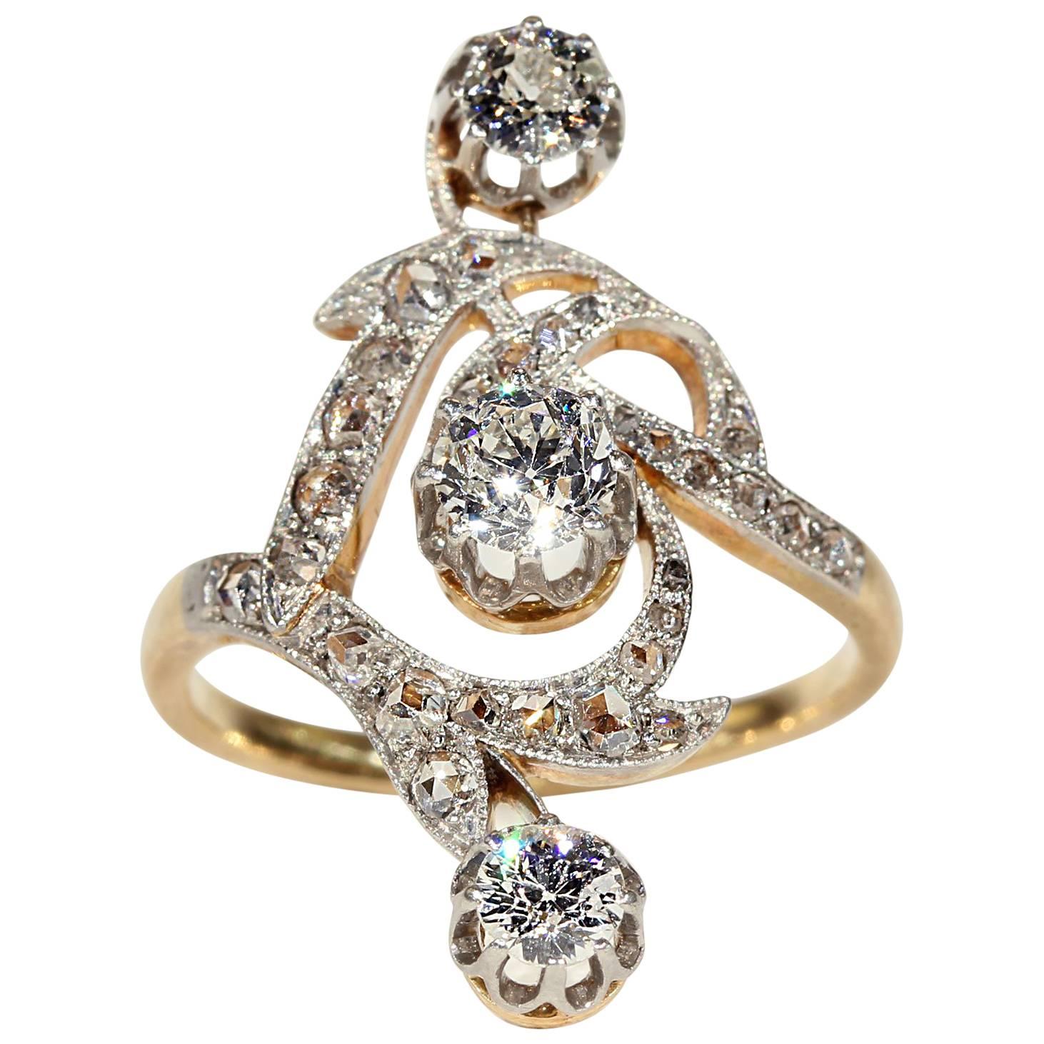 French Art Nouveau Diamond gold platinum Ring  For Sale