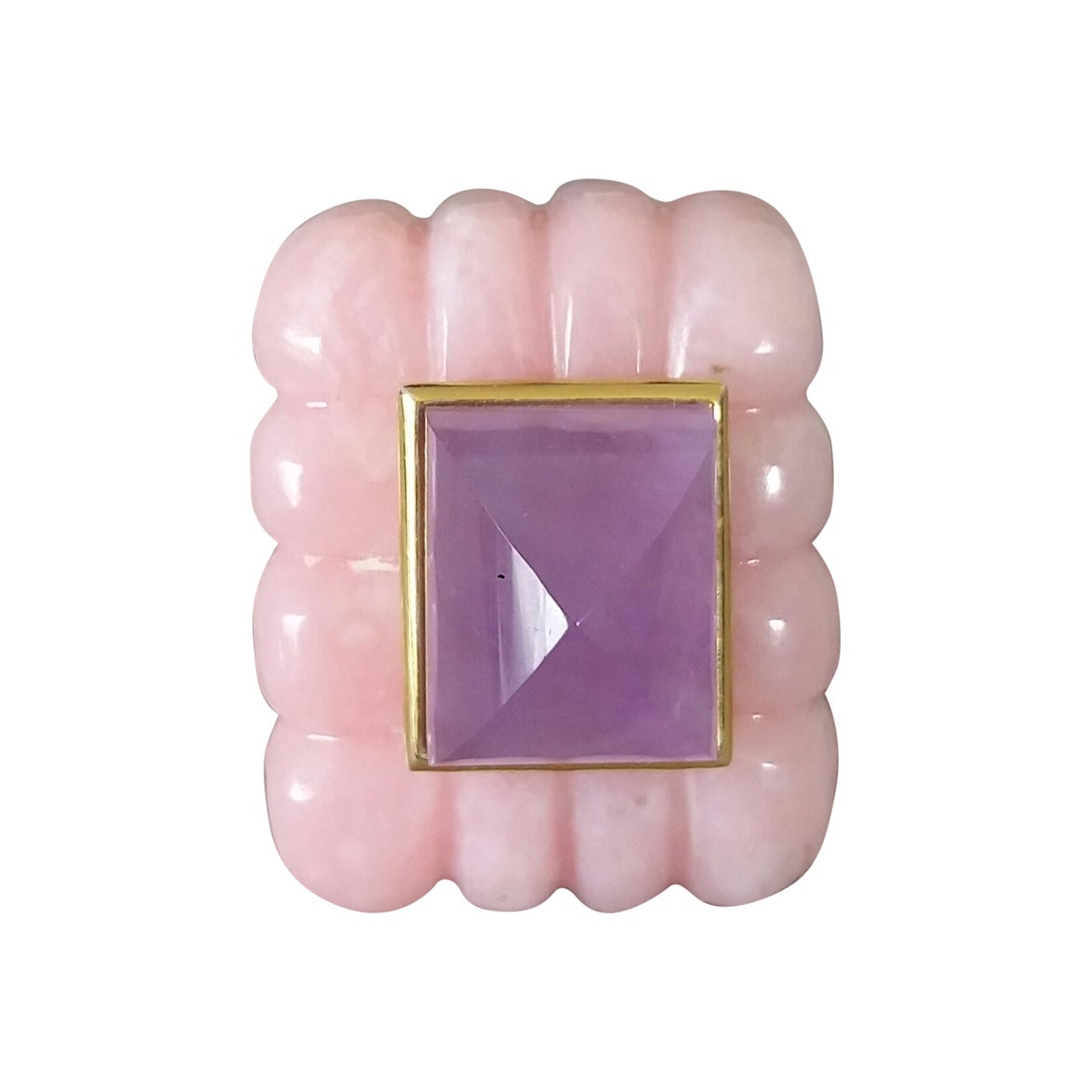 Pink Opal Engraved Rectangular Shape Amethyst Pyramid 14k Solid Yellow Gold Ring