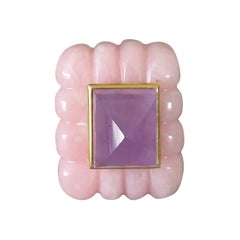 Pink Opal Engraved Rectangular Shape Amethyst Pyramid 14k Solid Yellow Gold Ring