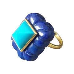 Lapis Lazuli Engraved Rectangular Shape Turquoise Pyramid 14k Yellow Gold Ring