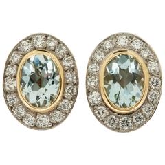 3.5 Total Carats Aquamarine Diamond Earrings in Gold and Platinum 