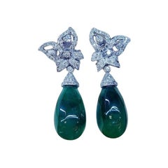 AIG Certified 50.00 Carats  Zambian Emeralds 1.90 Ct Diamonds 18K Gold Earrings