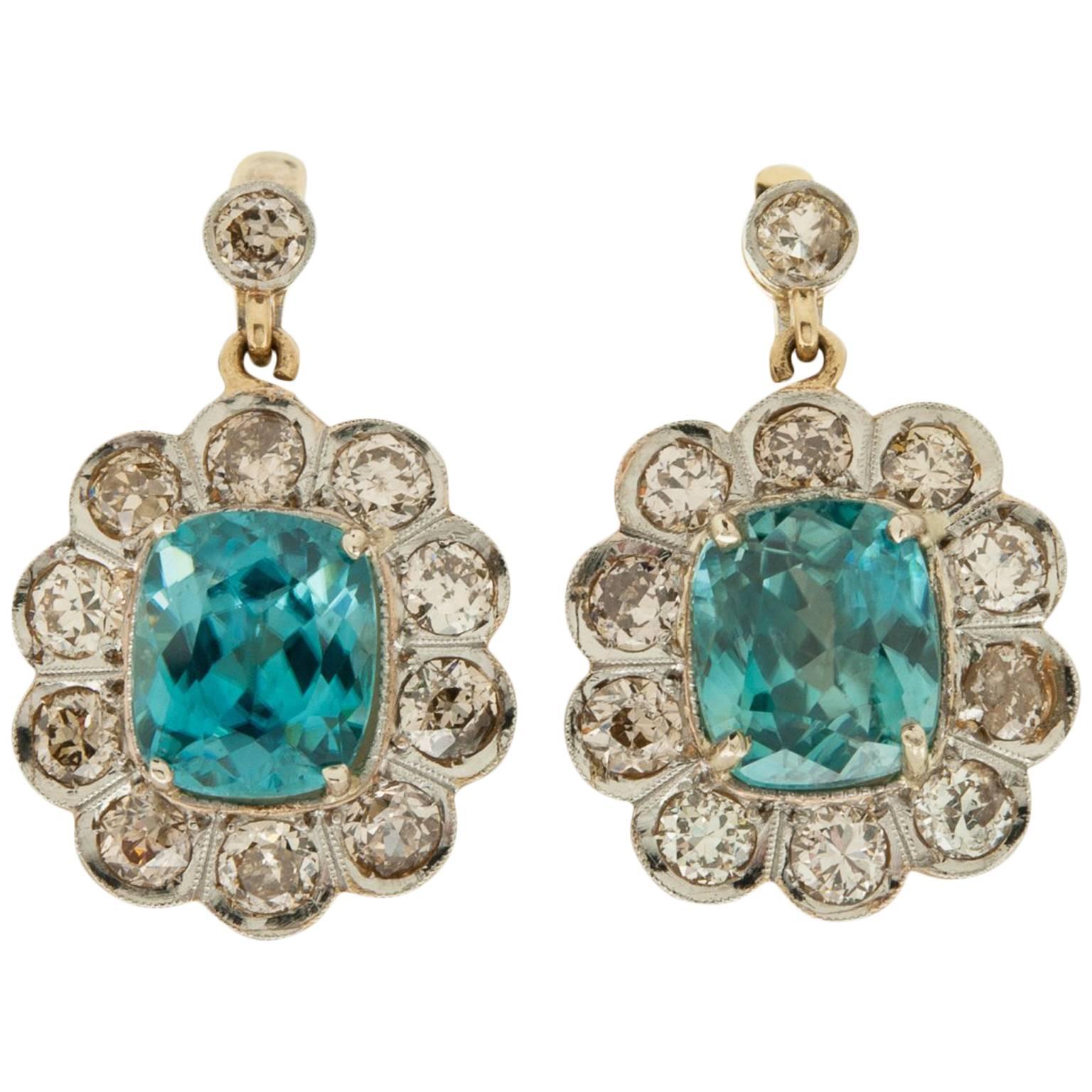 7.85 Total Carats Blue Zircon Diamond Gold Platinum Earrings  For Sale