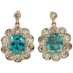 Antique 7.85 Total Carats Blue Zircon Diamond Gold Platinum Earrings 