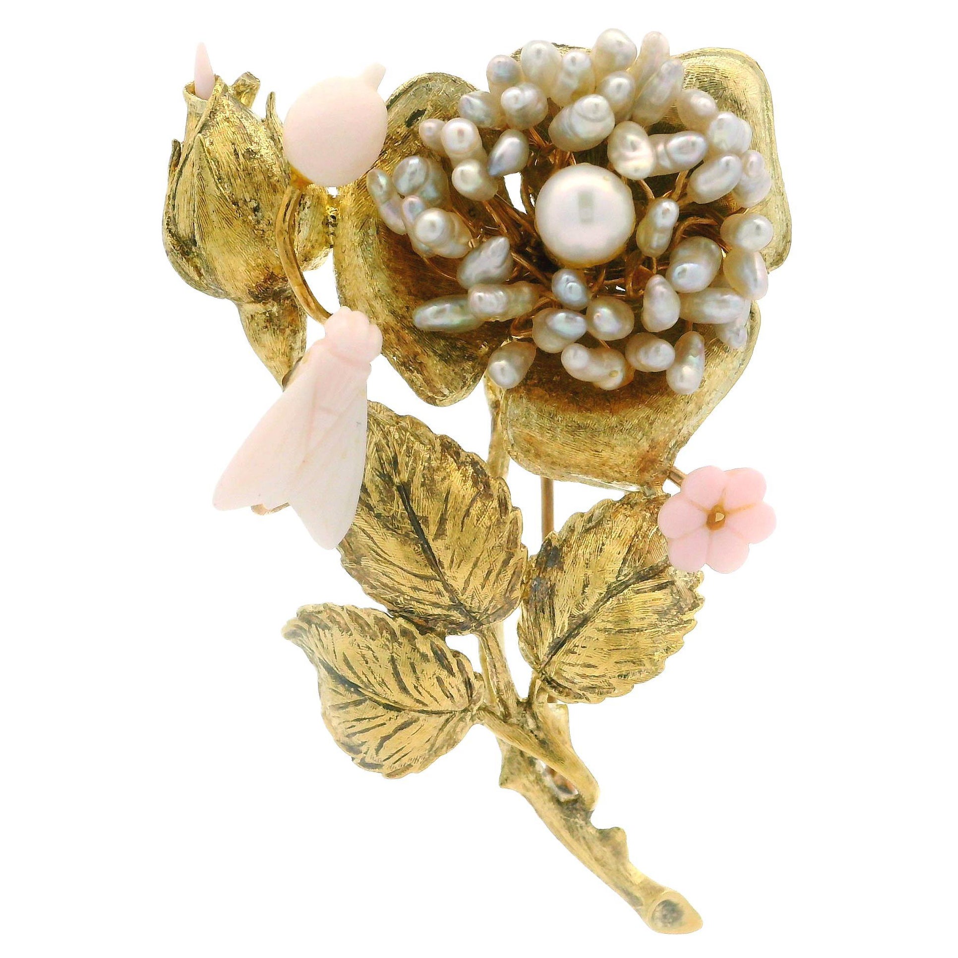 Vintage 14k Yellow Gold Carved Coral & Pearls Detailed Flower Bee Pin Brooch