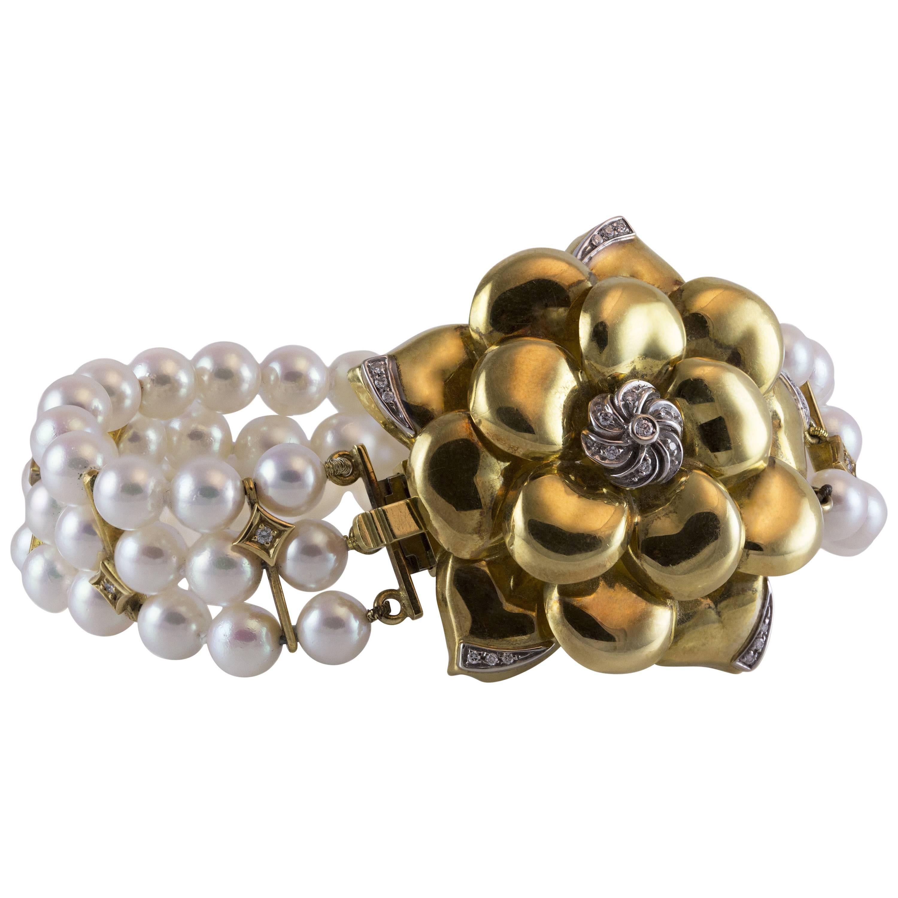 Wempe Diamond and Pearl Yellow Gold Flower Bracelet