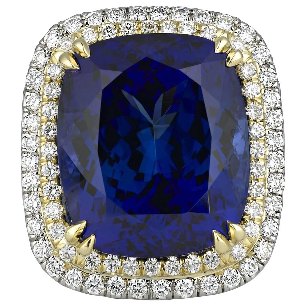 22.98 Carat Cushion-Cut Untreated Tanzanite Diamond Gold Ring