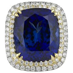 22.98 Carat Cushion-Cut Untreated Tanzanite Diamond Gold Ring 10