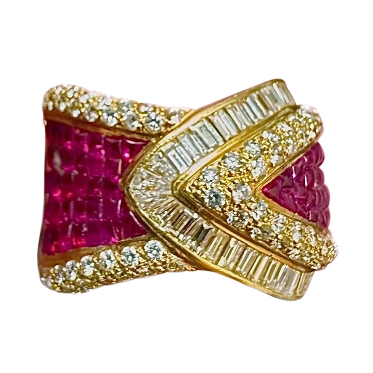 18K Yellow Gold Baguette and Round Diamond Sugar Loaf Ruby Statement Ring