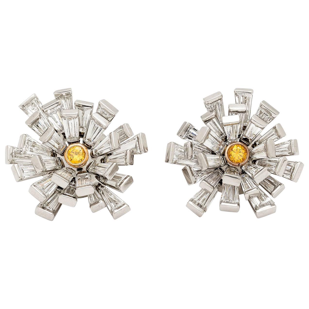 Vivid Yellow Diamond Gold Platinum Cluster Earrings