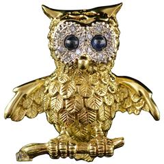 Sapphire Diamond Gold Owl Pin