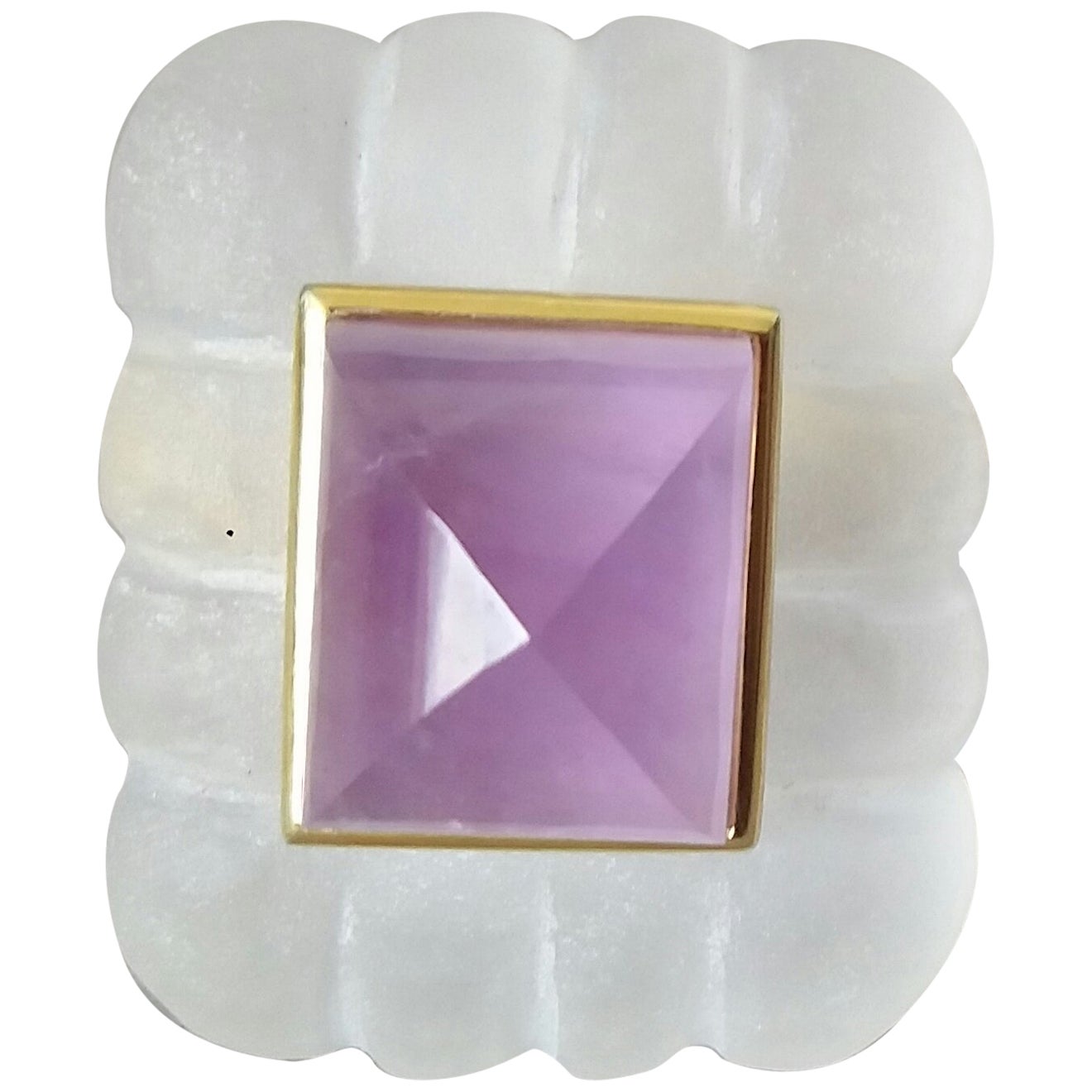 Quartz Engraved Rectangular Shape Amethyst  Pyramid 14k Solid Yellow Gold Ring