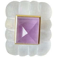 Quartz Engraved Rectangular Shape Amethyst  Pyramid 14k Solid Yellow Gold Ring