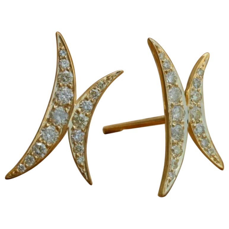 Natural Diamond Moon Stud Earrings 14K Yellow Gold Birthday Surprise Jewelry.