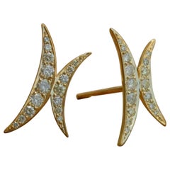 Natural Diamond Moon Stud Earrings 14K Yellow Gold Birthday Surprise Jewelry.