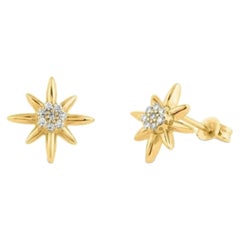 14K Yellow Gold Diamond Starburst Stud Earrings Minimalist Tiny Diamond Stars.
