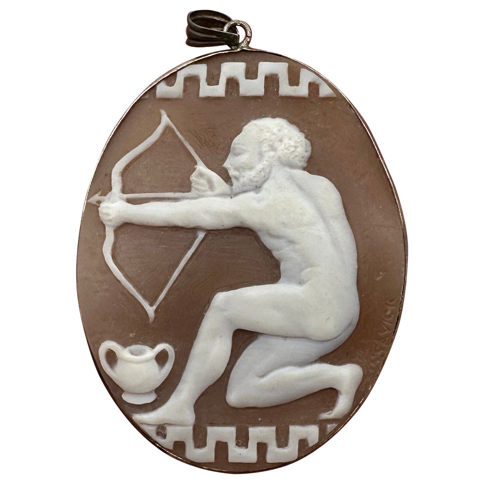 Nude Apollo God Archer Cameo Pendant Brooch Necklace Silver Antique VIctorian
