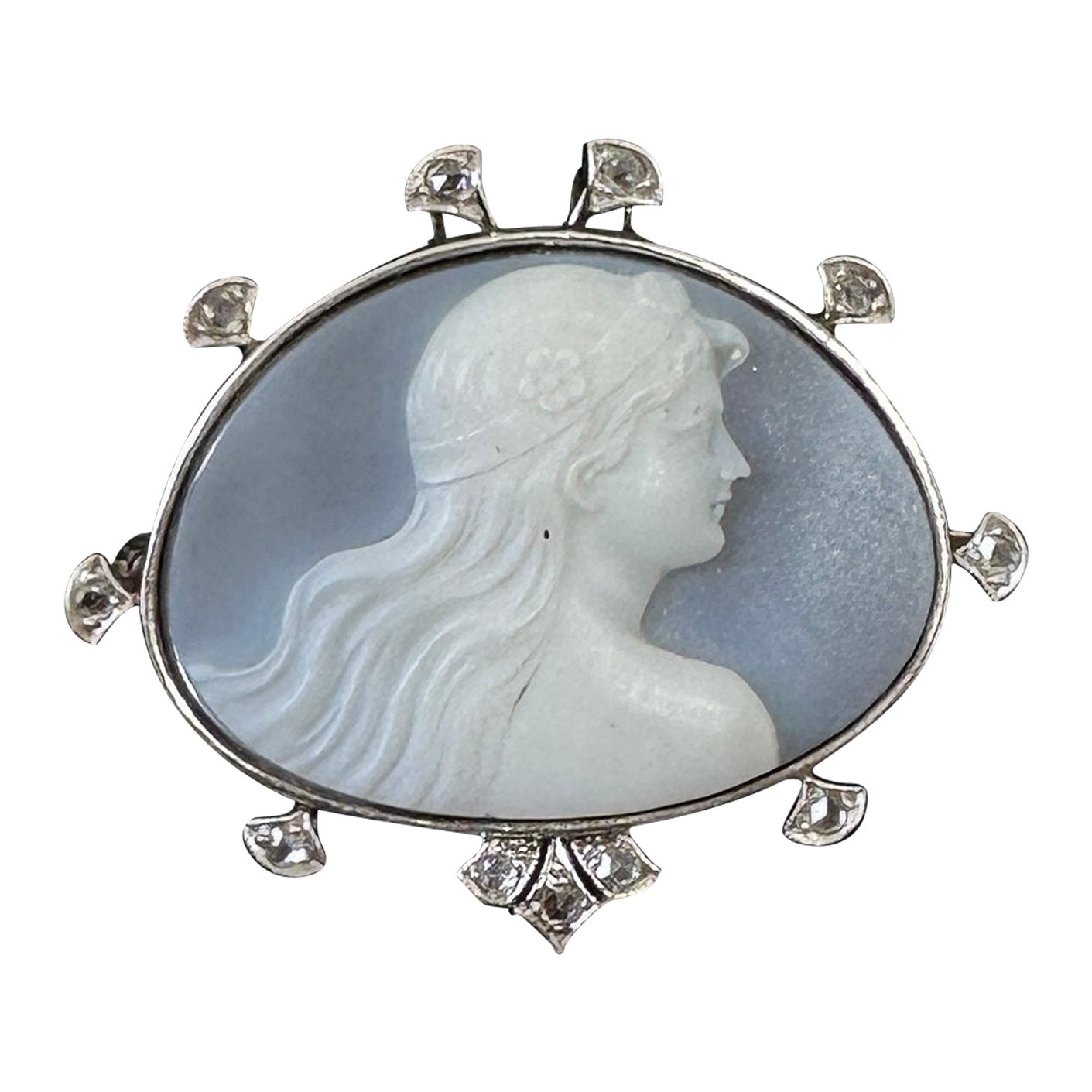Rose Cut Diamond Hardstone Cameo Göttin Frau Brosche Platin Gold Jugendstil