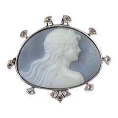 Rose Cut Diamond Hardstone Cameo Göttin Frau Brosche Platin Gold Jugendstil