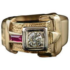 1930s Art Deco Diamond Gold Buckle Ring