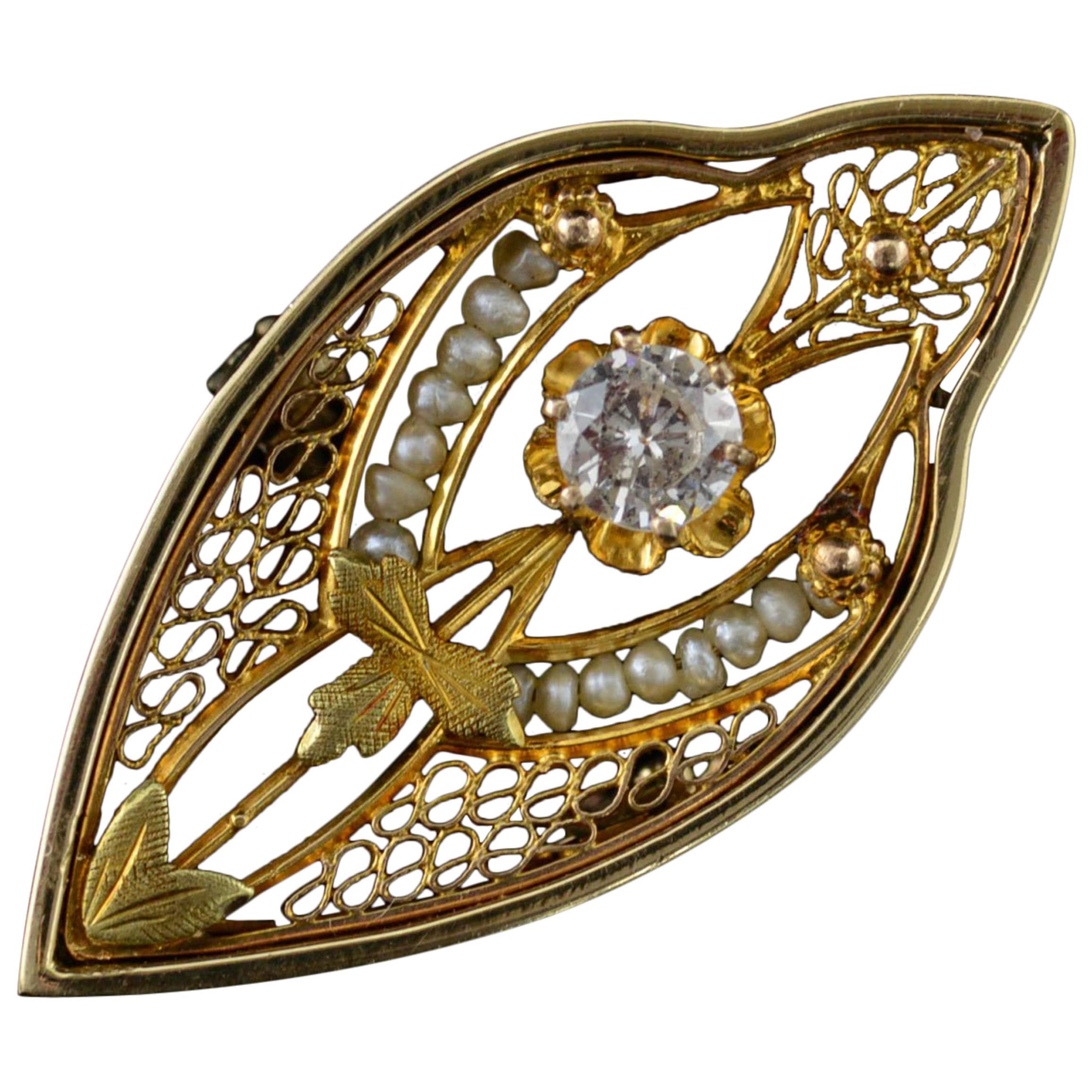 Victorian Seed Pearl Ornate Gold Filigree Pin For Sale