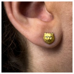 Geoffrey Good 18k Yellow Gold "Knowing Bear" Stud Earrings with Natural Diamonds