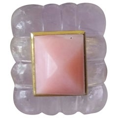 Amethyst Engraved Rectangular Cushion Pink Opal Pyramid 14k Solid Gold Ring