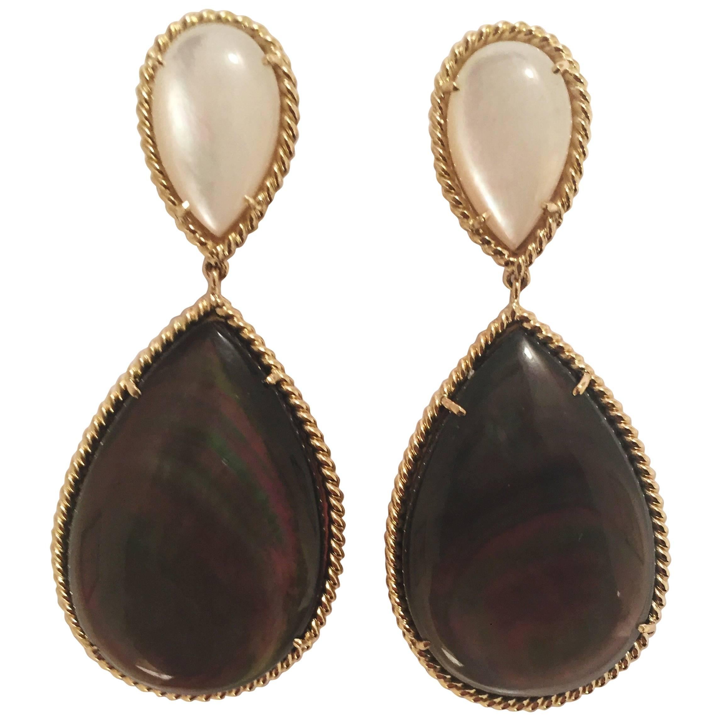 Mother of Pearl Abalone Drop Twisted Gold Border Earrings  For Sale