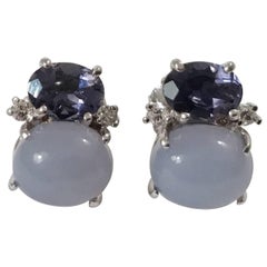 Mini GUM DROP Iolite and Cabochon Chalcedony and Diamond Earrings