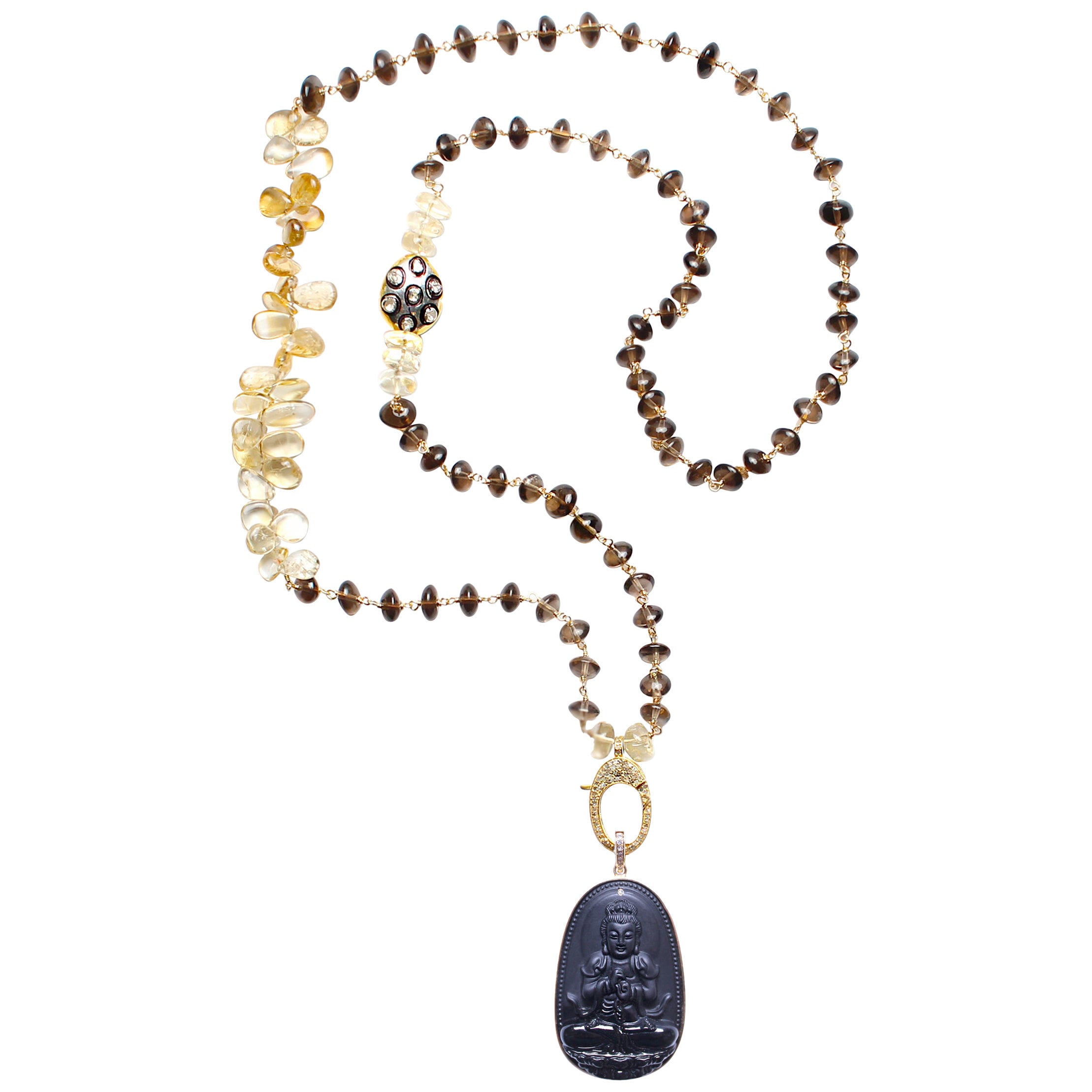 Clarissa Bronfman Quartz Polki Diamond Gold Rosary &Volcanic Rock Buddha Pendant