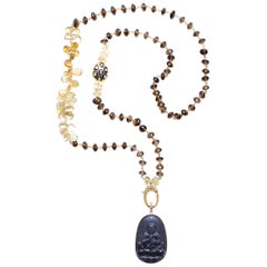 Clarissa Bronfman Quartz Polki Diamond Gold Rosary &Volcanic Rock Buddha Pendant